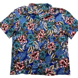 Norman James Floral Hawaiian Shirt Tropical Print Button Up‎ Blue XL Boho
